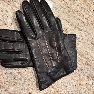 Black Leather Gloves with Brown Accents - Small